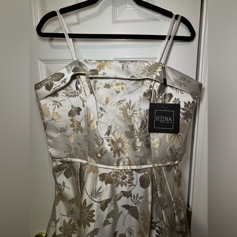 NWT IEENA FOR MAC DUGGAL SZ 10 WHITE/GOLD STRAPLESS BROCADE FLORAL DRESS #49619 - Picture 4 of 9